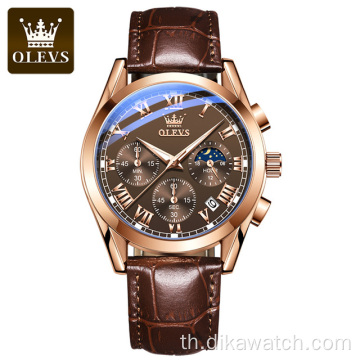 OLEVS Luxury Leather Watch Casual Business Man ควอตซ์หกเข็ม Rose Gold Chronograph สีกีฬานาฬิกา Luminous Wristwatch